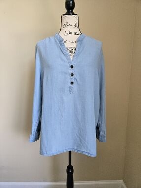 Soft Surroundings Chambray Top Womens XLP Blue Long Sleeve